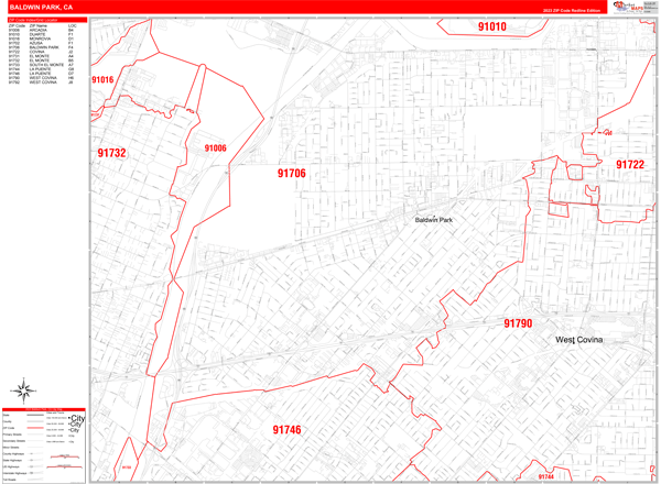 Baldwin Park City Digital Map Red Line Style